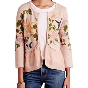 Rare Moth Anthropologie Embroidered Hummingbird Peplum Cardigan Blush Pink Small